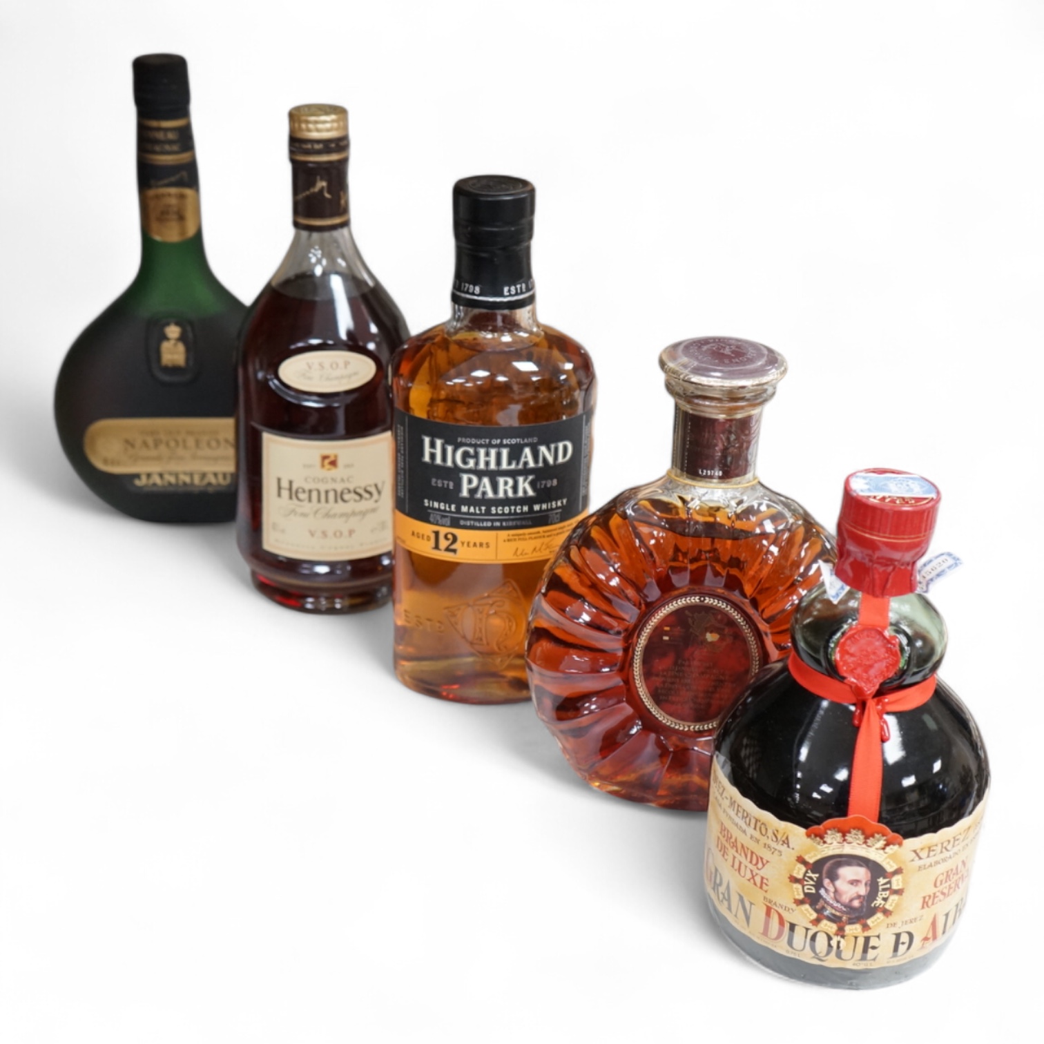 Five bottles brandy and Whisky, to include Highland Park single malt and Gran Duque D’Alba brandy